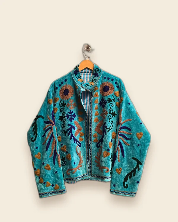 The Lagoon — Turquoise embroidered velvet jacket