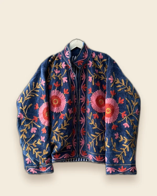The Poppy — Navy embroidered velvet jacket