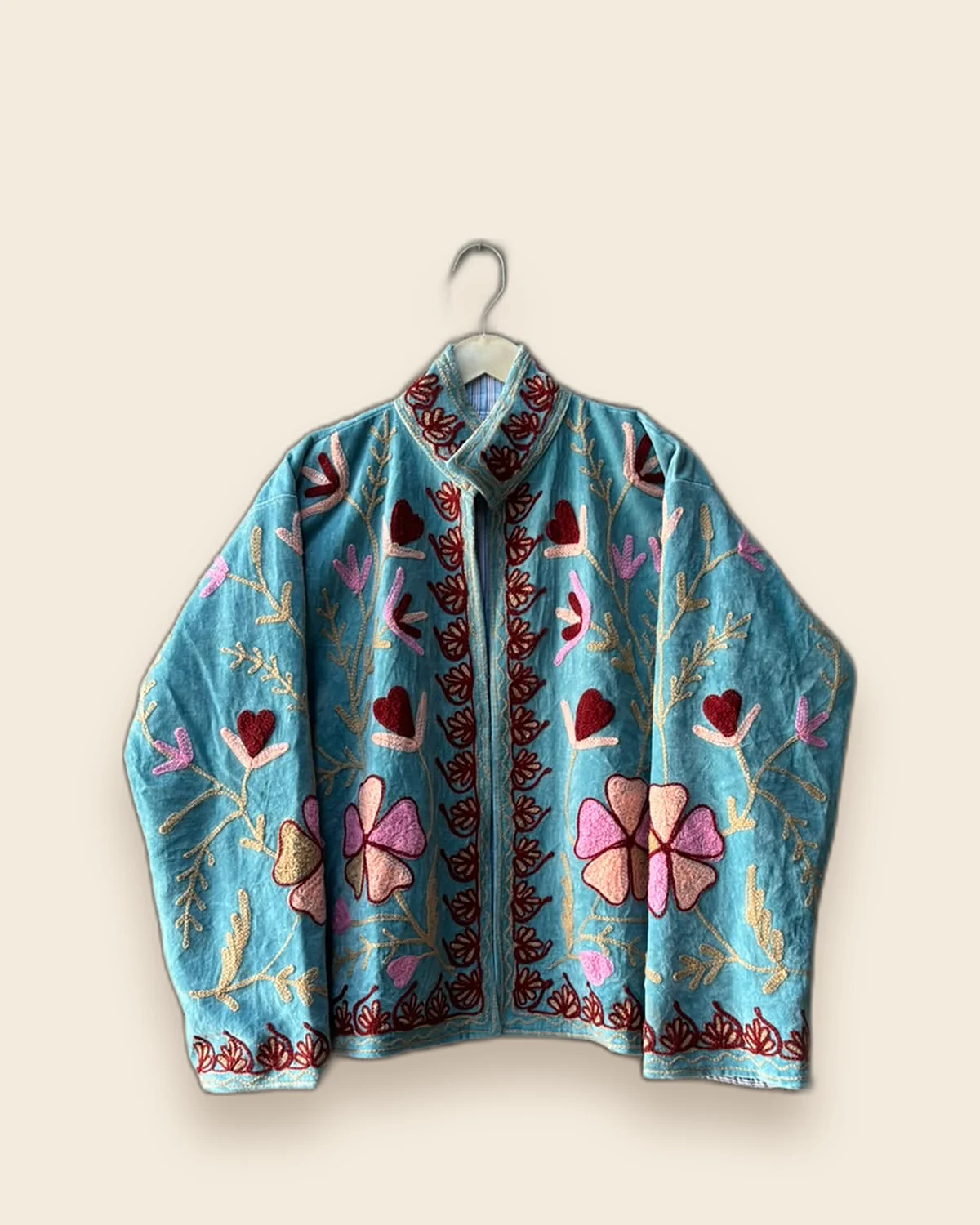The Sweetheart — Sky Blue embroidered velvet jacket