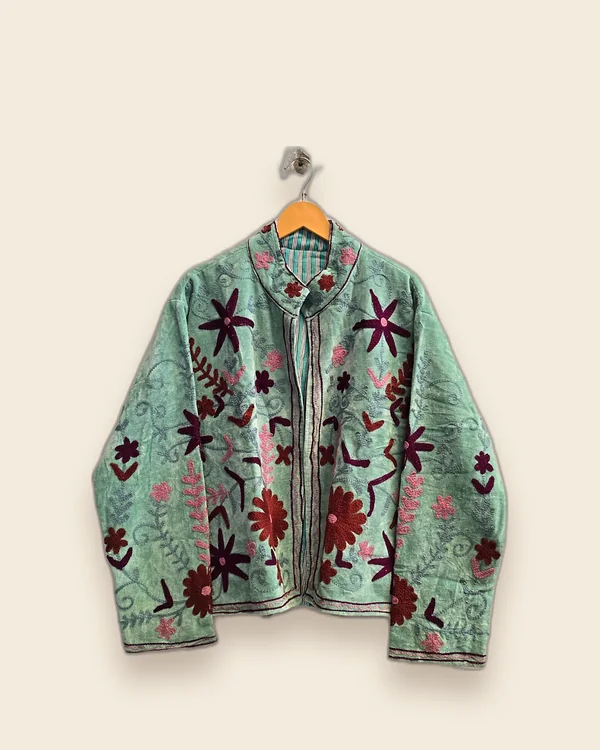 The Wildflower — Sage embroidered velvet jacket